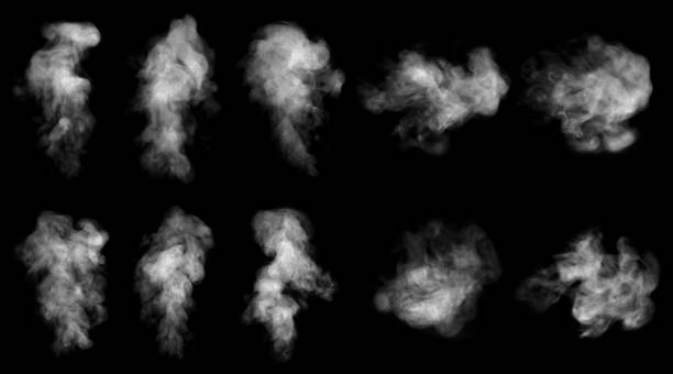 group of white smoke or steam spray Set. Close-up of steam or abstract white smog rising above. water droplets that can be seen that swirl beautifully from humidifier spray. Isolated on a black background steam photos stock pictures, royalty-free photos & images