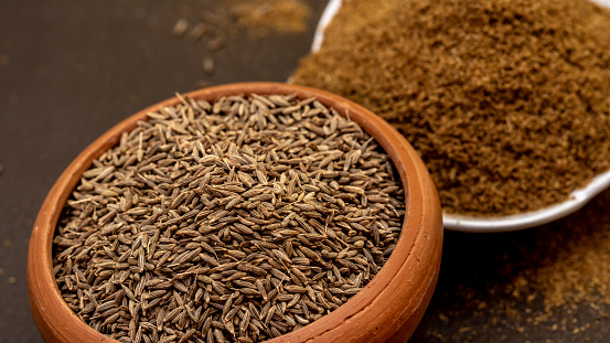 Cumin seeds called Jeera in clay bowl and it's powder in white bowl on dark background.