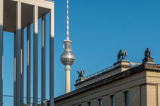 The television tower of Berlin (Germany) as seen from the Museuminsel, Berlin, Germany