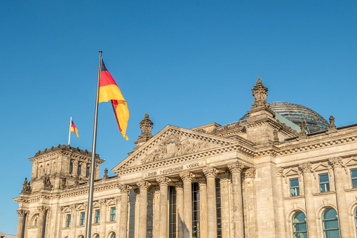 The facade of the German Parliament building (Reichstag) in Berlin, Germany