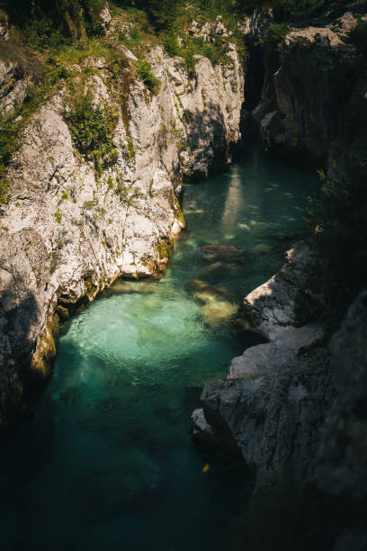 istock Aerial view of river flowing down canyon, in summer 1346907717