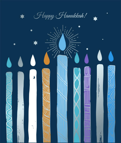 cartoon poster Happy Hanukkah colored bright style cartoon poster Happy Hanukkah with candles hanukkah candles stock illustrations