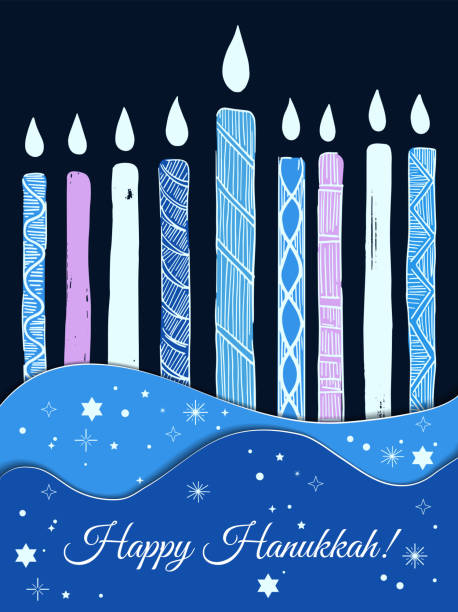 poster Happy Hanukkah colored bright style poster Happy Hanukkah with candles hanukkah candles stock illustrations