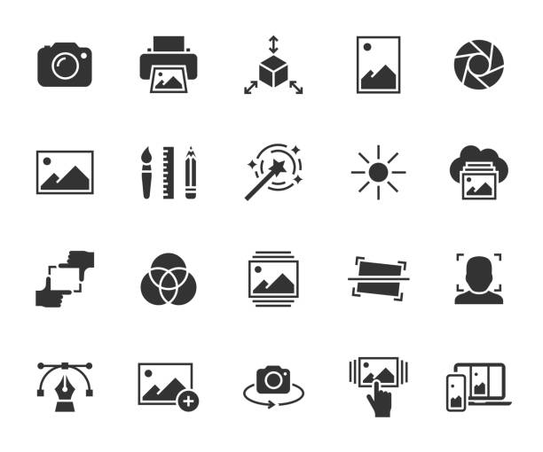 ilustrações de stock, clip art, desenhos animados e ícones de vector set of image flat icons. contains icons photo, vector image, print, gallery images, filters, sync images, focus and more. pixel perfect. - editorial use flash