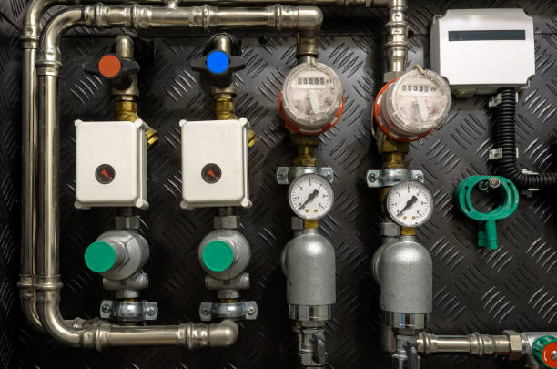istock Water pipes, valves and manometers inside house 1346912908