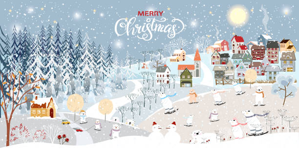 ilustrações de stock, clip art, desenhos animados e ícones de winter landscape, celebrating christmas and new year 2022 in village at night with happy polar bear playing playing ice skates in the park,vector of horizontal banner winter wonderland in countryside - christmas village urban scene winter