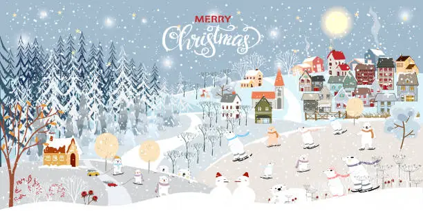 Vector illustration of Winter landscape, Celebrating Christmas and new Year 2022 in village at night with happy polar bear playing playing ice skates in the park,Vector of horizontal banner winter wonderland in countryside