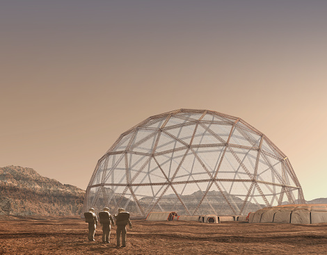 3D Illustration of a Mars outpost colony with a geodesic dome and entry airlocks, for space exploration, terraforming and colonization, or science fiction backgrounds.