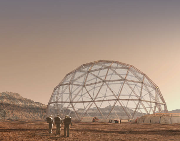 Research dome and astronauts on Mars 3D Illustration of a Mars outpost colony with a geodesic dome and entry airlocks, for space exploration, terraforming and colonization, or science fiction backgrounds. geodesic dome stock pictures, royalty-free photos & images