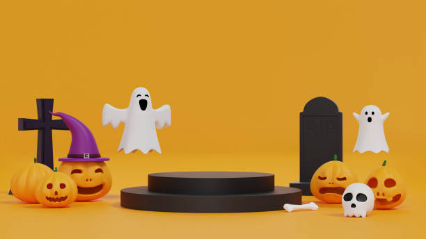 istock Halloween orange background with podium for product display. 3d rendering. background with group of 3D illustration Jack O Lantern pumpkin. 1346917108