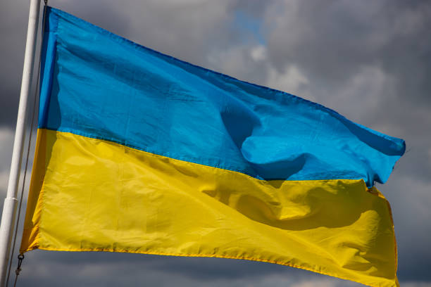 istock Ukraine flag waving on the wind against the blue sky 1346917891