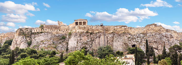 Acropolis of Athens, Greece. This place is famous tourist attraction of Athens. Panoramic view of international landmark in Athens city center. Remains of Ancient Greek culture. Travel concept.