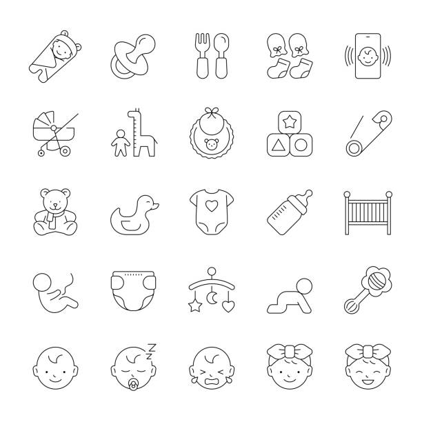 Baby line icons A set of line icons, baby, newborn, baby equipment, icons, vector illustration. baby bib stock illustrations