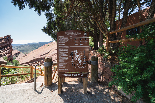 Colorado, USA - July 30, 2021: Trading Post trailhead sign at the Red Rocks Park and amphitheater in Morrison Colorado