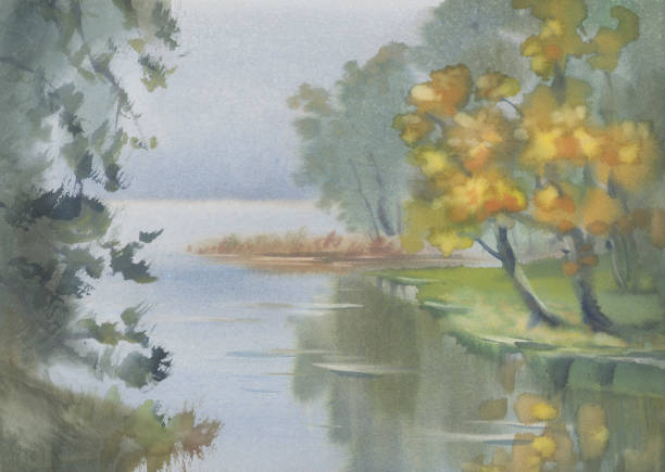 istock Morning mist by the lake in autumn watercolor background 1346920202