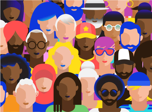 Crowd of abstract diverse adult people in modern vibrant flat colors Vector illustration of a Crowd of abstract diverse adult people in modern vibrant flat colors. Assorted ages, genders and ethnicities. Fully editable vector eps. diversity stock illustrations