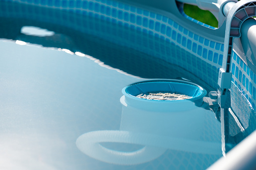 A skimmer for the pool. A device for cleaning the pool from debris and leaves.