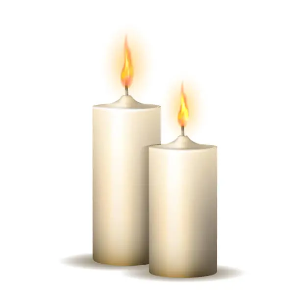 Vector illustration of Two realistic burning candles isolated on white background.