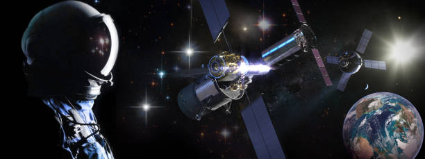 istock Space exploration concept. Astronaut looking at the spaceships, stars and planet Earth. Elements of this image furnished by NASA. 1346930016