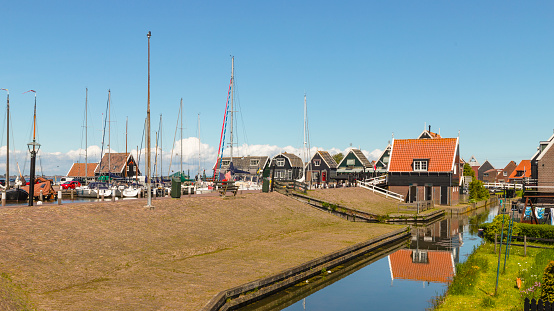 Panorama of the harbor of the picturesque fishing village of Marken on the former island near Volendam.