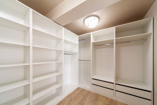 istock Big empty wardrobe in dressing room. Large wardrobe room, with empty shelves. Interior of modern empty dressing room, wardrobe. 1346935841