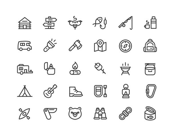 Camping Line Icons Editable Stroke Set of camping line vector icons. Every icon is grouped. Editable stroke. camping symbols stock illustrations