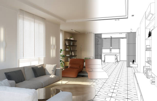 istock visualization of modern residential interior design, 3D illustration, cg render 1346940124