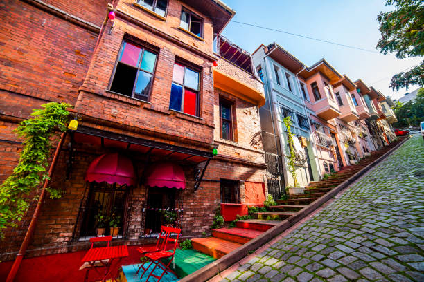 colorful houses in old city balat in istanbul. - balat stok fotoğraflar ve resimler
