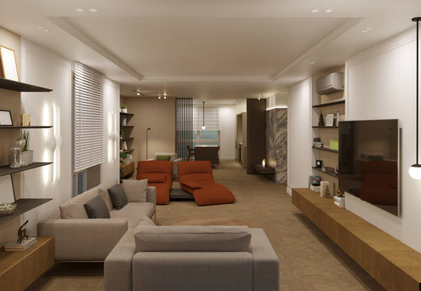 istock visualization of modern residential interior design, 3D illustration, cg render 1346941660