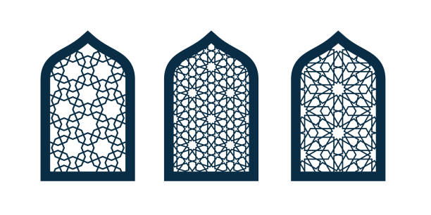 satz arabischer musterfenster auf weiß - lace seamless vector silhouette stock-grafiken, -clipart, -cartoons und -symbole