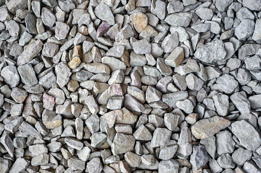Garden gravel background stone landscaping. Closeup Gravel road. Building material gravel texture. Crushed rock close up. Small rocks ground. Small stone construction material. Crushed stones building