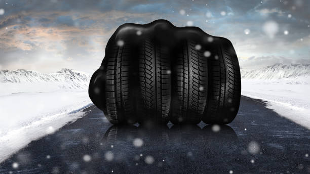 winter auto tires - time to change tires on winter tires - safety on the ice - street fog profile imagens e fotografias de stock