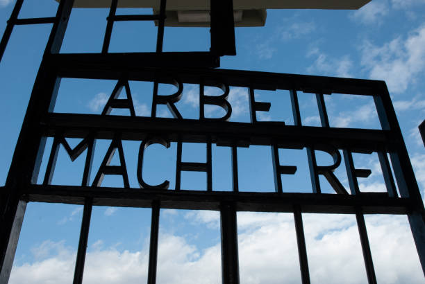 Gate of Sachsenhausen Concentration camp gate entrance with the German words \
