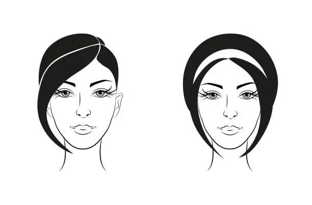 Vector illustration of Head of a beautiful girl with hairstyles. Vector monochrome drawing. Hairdresser, beauty salon. For logos and advertisements. Black and white vector portrait of a beautiful lady.
