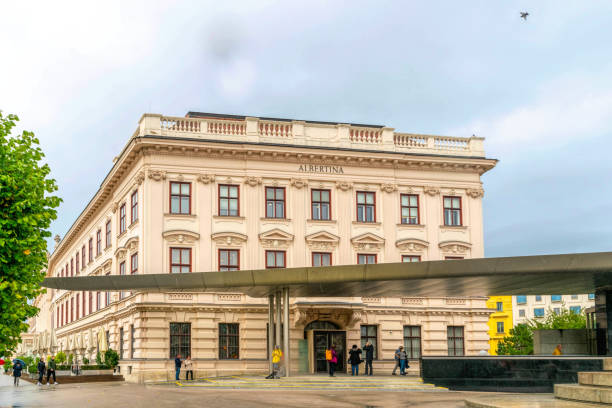 Vienna, Austria - October 06, 2021: Facade of the famous Albertina Gallery - an art museum located in the palace of the Archduke Albrecht in the center of Vienna, Austria, a popular tourist attraction in the vicinity of the Hofburg Palace