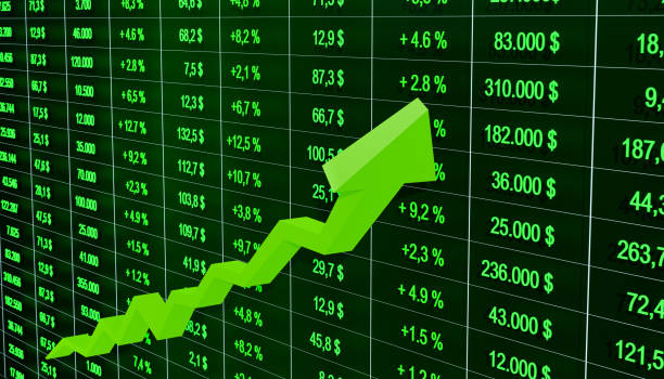 geschäftsdatenblatt mit zahlen, preisen und positiven prozentualen veränderungen und einer steigenden grünen grafik mit pfeil. - spreadsheet financial figures computer computer monitor stock-fotos und bilder