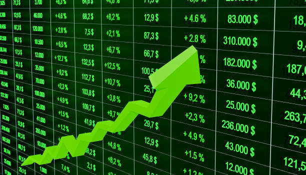 hoja de datos comerciales con números, precios y cambios porcentuales positivos y un gráfico verde ascendente con flecha. - ceder el paso fotografías e imágenes de stock