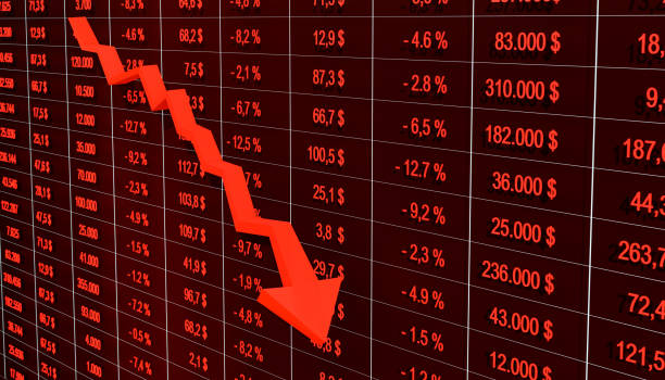 geschäftsdatenblatt mit zahlen, preisen und negativen prozentualen veränderungen und einer roten grafik mit fallpfeil. - spreadsheet table banking wealth stock-fotos und bilder