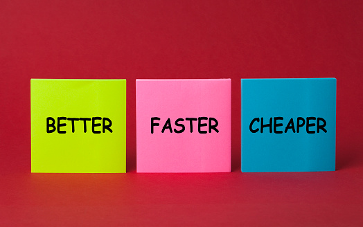 Better, Faster and Cheaper written on sticky notes.