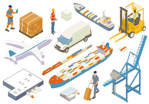 ilustraciones, imágenes clip art, dibujos animados e iconos de stock de hoja adhesiva de la cadena de suministro - cargo container illustrations