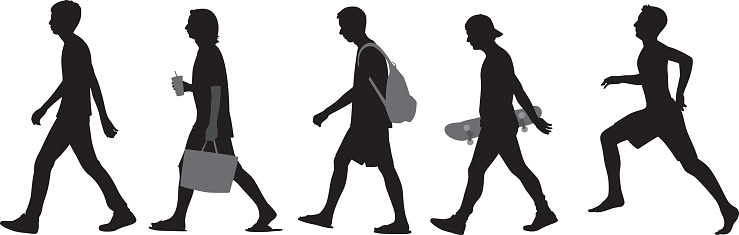 Vector silhouettes of five teenage boys walking in a row.