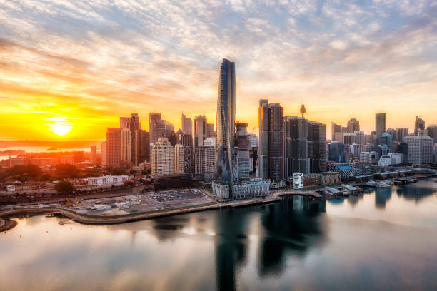 d syd barangaroo sonnenaufgang - sydney australia the rocks australia architectural styles stock-fotos und bilder