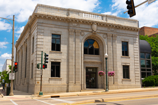 Dixon, Illinois - United States - June 15th, 2021:  Old bank building in downtown Dixon.
