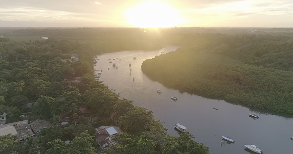 Aerial Image of Barra de Caraiva, a coastal and seaside community located in Porto Seguro, Bahia, Brazil.