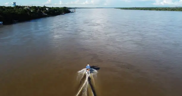 Aerial view from a boat sailing on the Rio Branco in Boa Vista, Roraima.