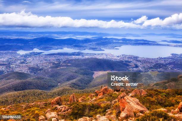 Tas Mt Wellington Rocks Hobart Stock Photo - Download Image Now - Tasmania, Harbor, Aerial View