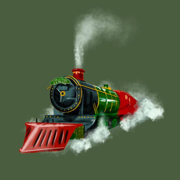 ilustraciones, imágenes clip art, dibujos animados e iconos de stock de acuarela tren navideño aislado sobre fondo verde - locomotive steam train train snow