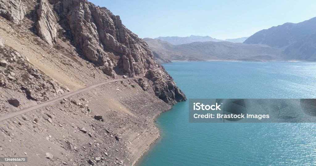 Cajon del Maipo canyon and Embalse El Yeso, Andes, Chile Cajon del Maipo canyon and Embalse El Yeso, Andes, Chile. South America Valley Stock Photo