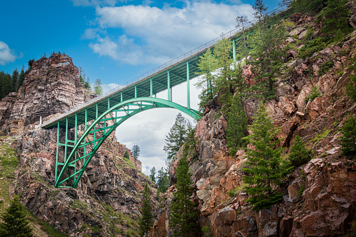 underneath shot of iconic Colorado arched cantilevered mountain bridge