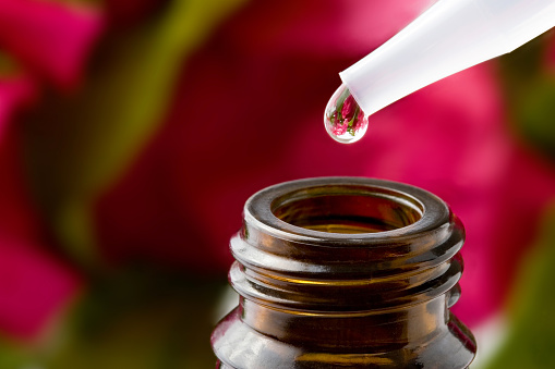 A close-up shot of a dropper over a brown glass bottle with red  roses  in the background. \nWith copy space.